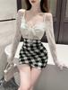 Plaid suspender dress women's new autumn sexy off-the-shoulder irregular fake two-piece hip-wrapped skirt
