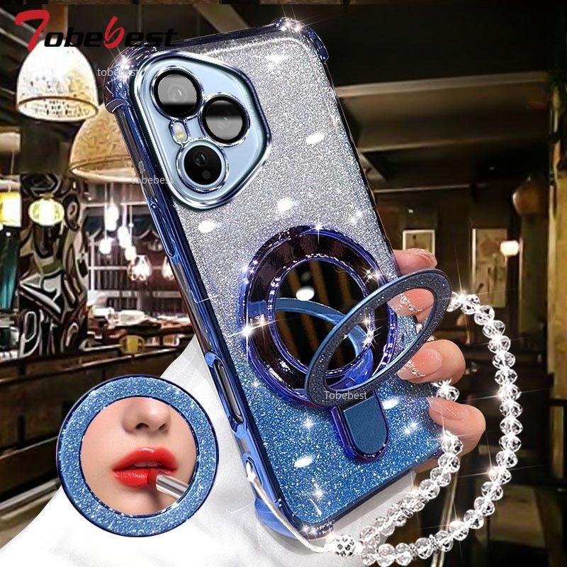 For Huawei Honor 400 Lite 300 Ultra 200 100 90 Pro Case Glitter Plating Makeup Mirror Magnetic Phone Holder Bracelet Cover