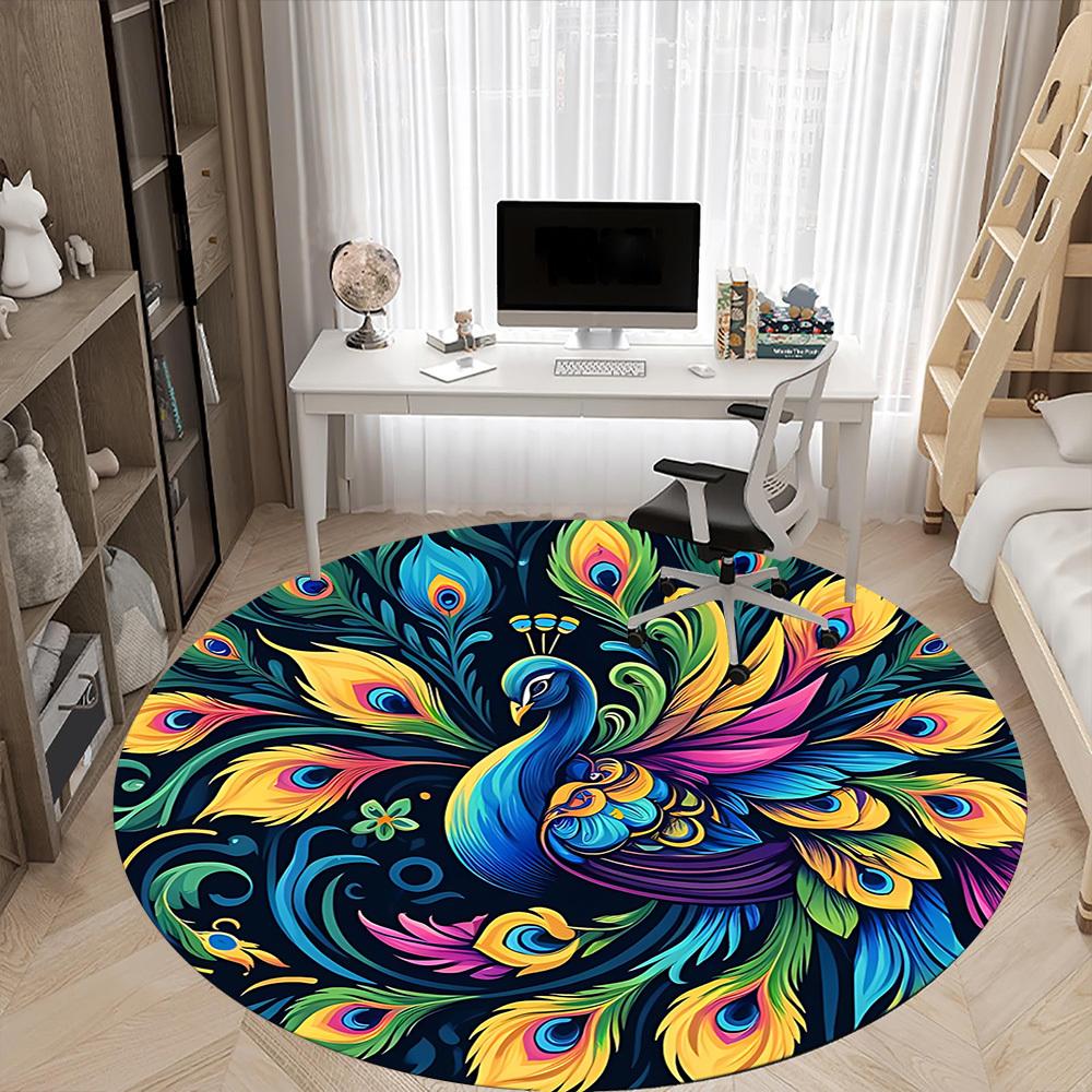 1pc Peacock Feathers Office Round Area Rug, Under Office Chairs Bedroom Living Room Home Decor, Room Deco