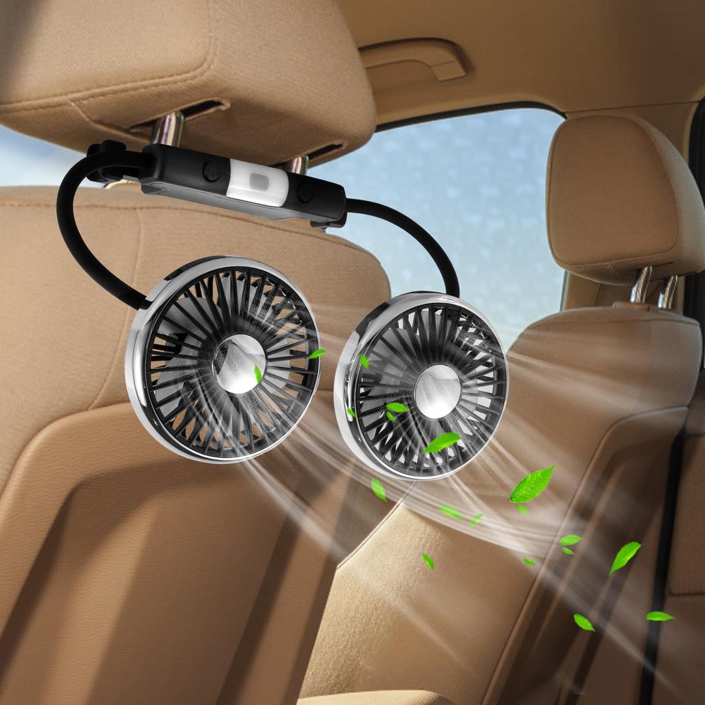 Car Fan for Backseat Double Head Car Rear Seat Fan with Led Light Rotatable Foldable Car Seat Cooling Fan 3 Adjustable Speeds