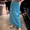 Elegant Peacock Blue Elastic Waist Linen Midi Skirt for Women