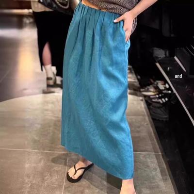 Elegant Peacock Blue Elastic Waist Linen Midi Skirt for Women