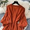 Vintage Elegant Embroidered Button Dress A-line Chic Casual Beach Vacation Women Summer Dresses