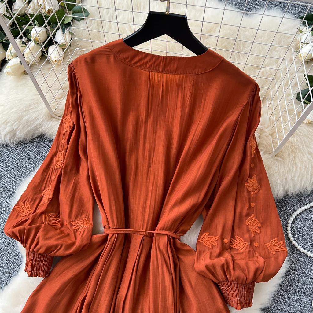 Vintage Elegant Embroidered Button Dress A-line Chic Casual Beach Vacation Women Summer Dresses