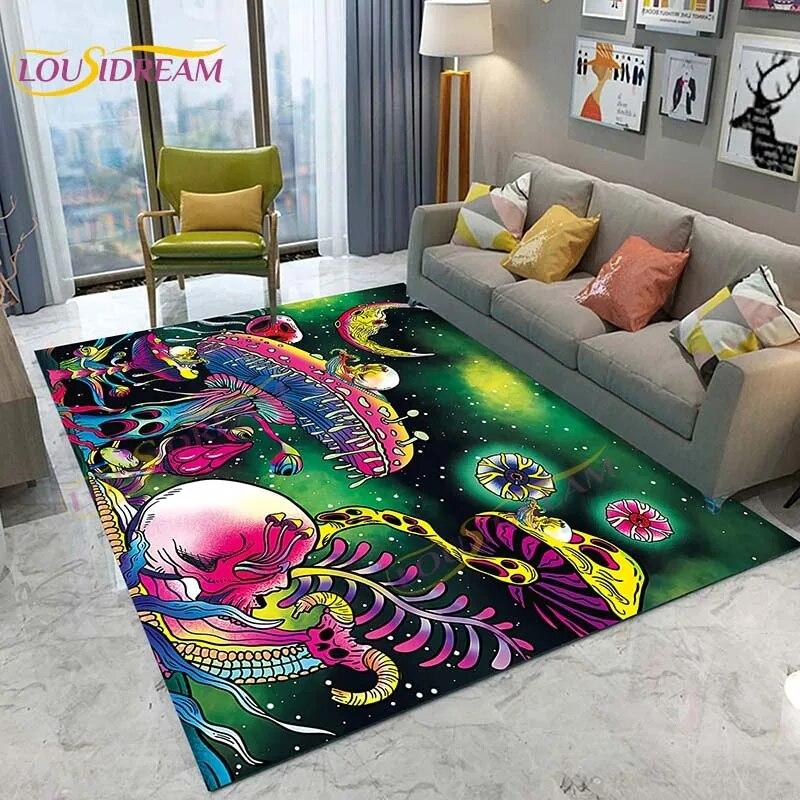 3D Starry Botanical Sun Moonlit Mushroom Rug Floral Hippie Moon Phase Carpet for Aesthetic Bedroom Living Room Vintage Game Mat