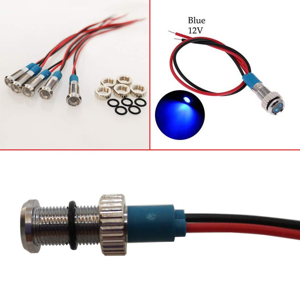 CESFONJER 5pcs 6mm 1/4" LED Metal Indicator Light Waterproof Signal Lamp Pilot Dash Directional Car Truck Boat Wire (Blue)