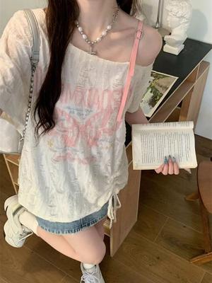 Women Graphic Print T-shirt Harajuku Y2k O-Neck Tees Top Vintage Aesthetic Oversize Short Sleeve T-shirts 2000s Fashion Clothes
