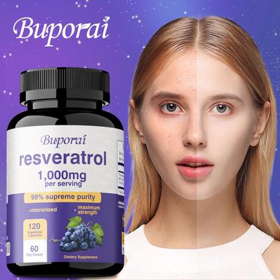 Resweratrol 1000 MG, Antyoksydant dla zdrowego starzenia, Wsparcie mózgu i serca, Wspiera prawidłowe zdrowie komórkowe i poznawcze