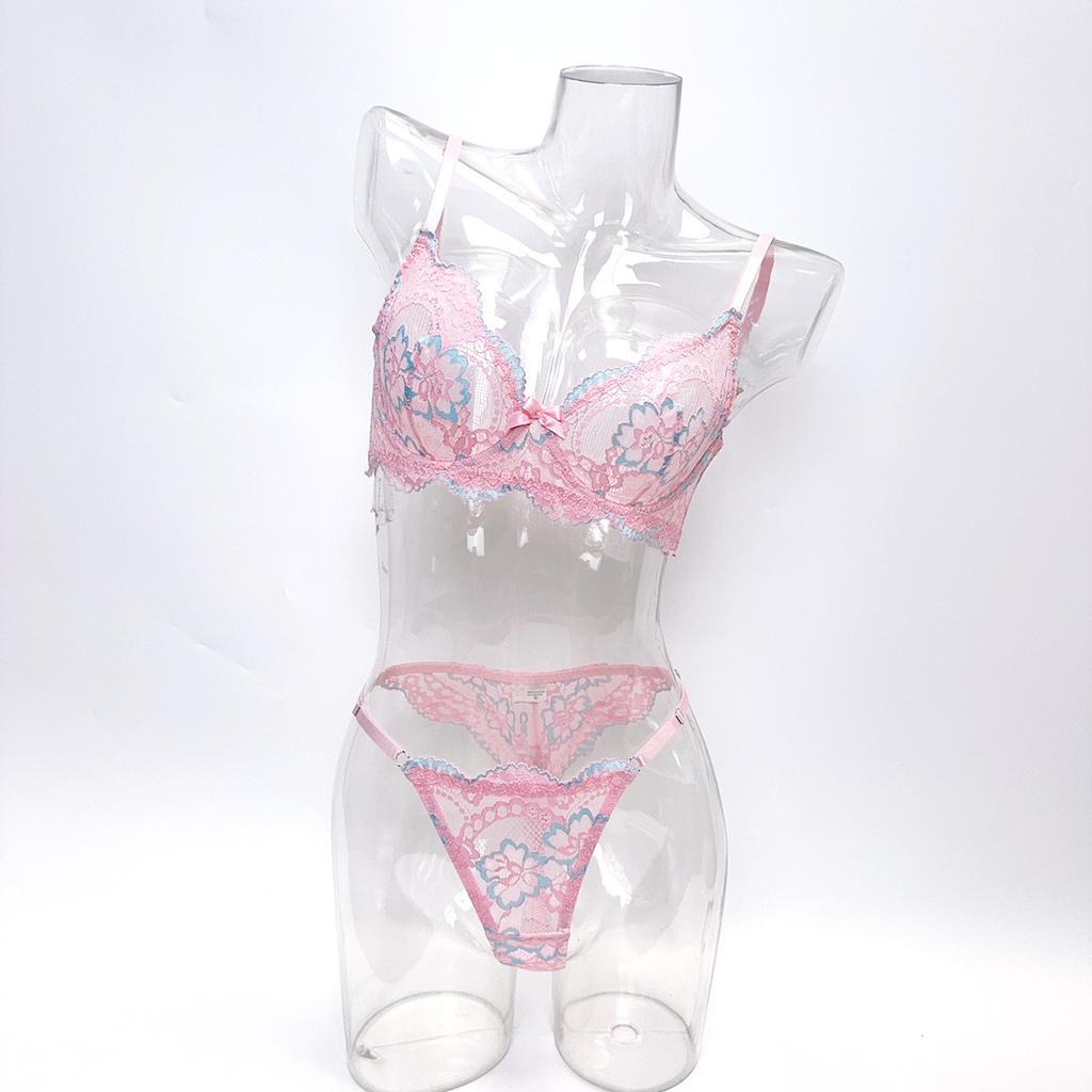 New French pink lace print women's bra sweet pure thong sexy underwear suit women
