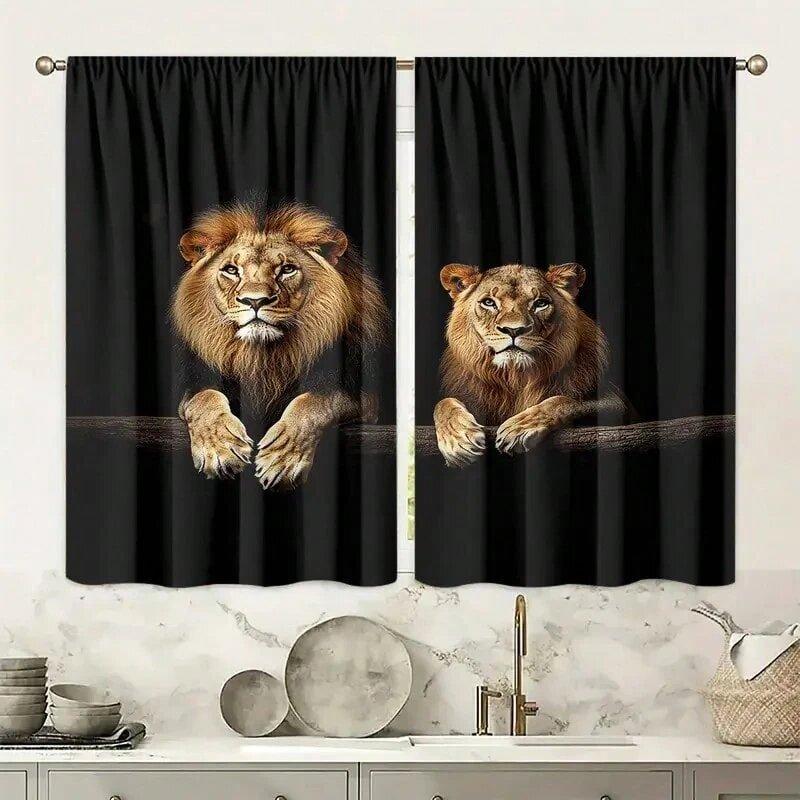 2 Pieces of Pure Lion Print Curtains   Pole Bag Curtains 42*84   Bedroom and Living Room   Home Decoration   Room Decoration