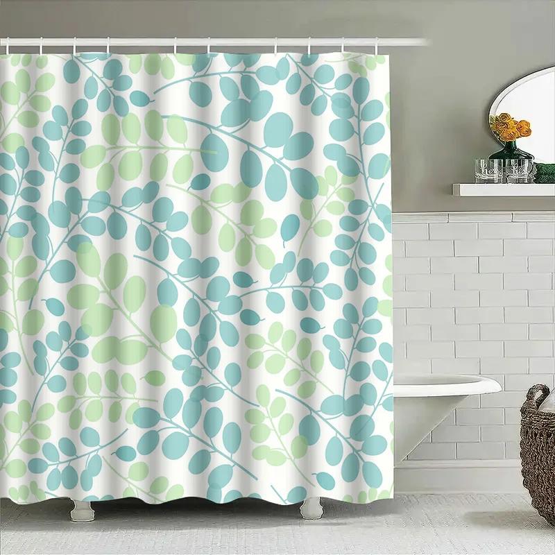 Blue Green Leaf Pattern Waterproof Shower Curtain Bathroom Decor Accessories Home Improvement Garden