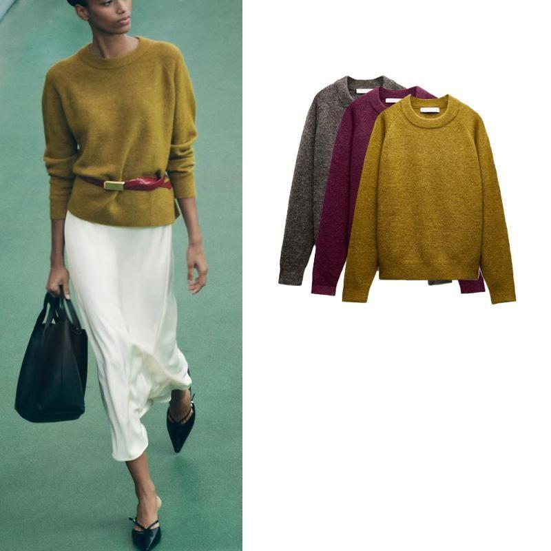 Fall and Winter New Women's Clothing Simple Comfortable Stylish round Neck Long Sleeves Plain Stitch Knitwear 9598151