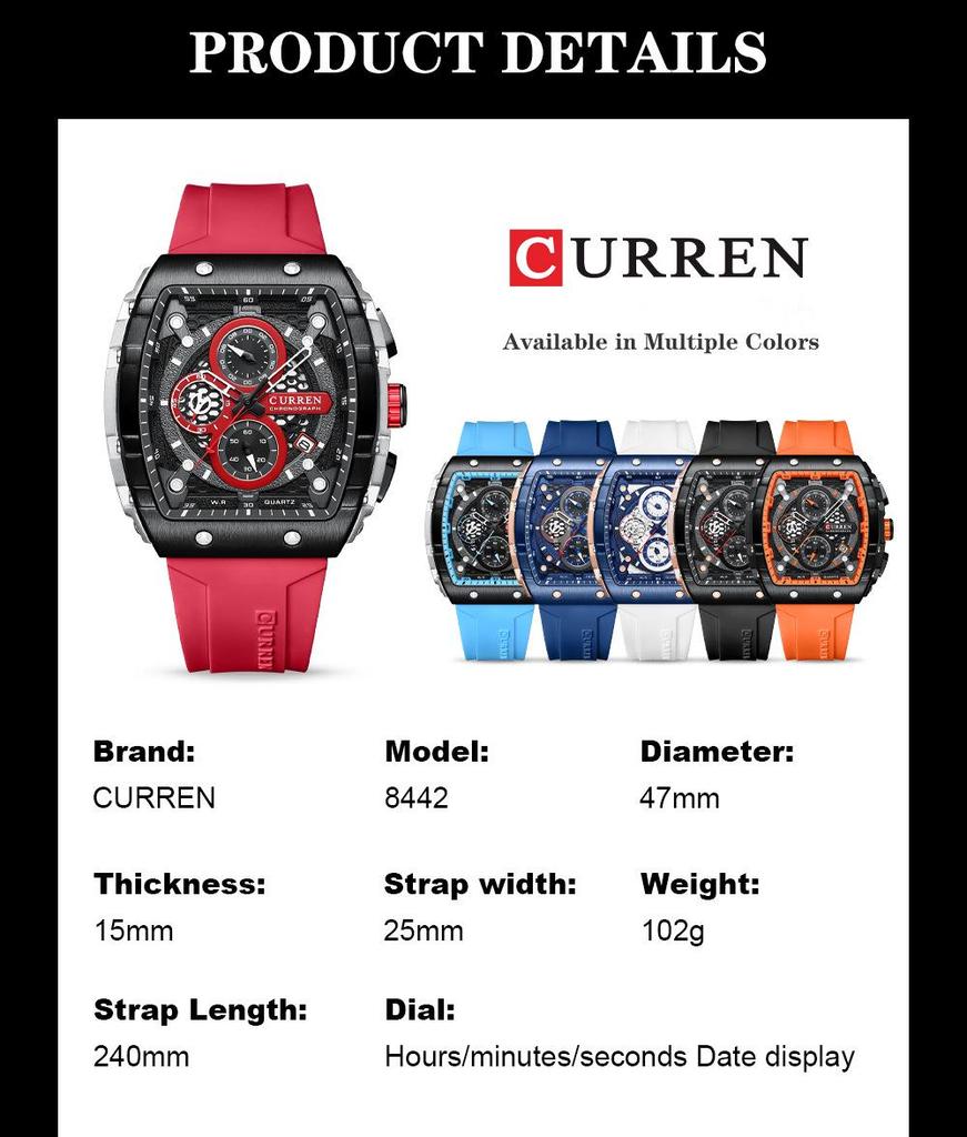 Curren 8442 Men's Quartz Watch, Six-Hand Dial, Rubber Strap, Fashion Sport Design