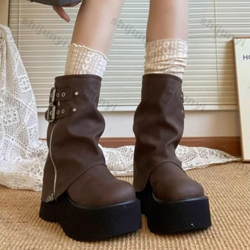 Fashion Women Fashion Platform Pile Western Ankle Boots Women Autumn Brown Chunky Heel Trouser Boots Thick Sole Knee-high Knight Booties