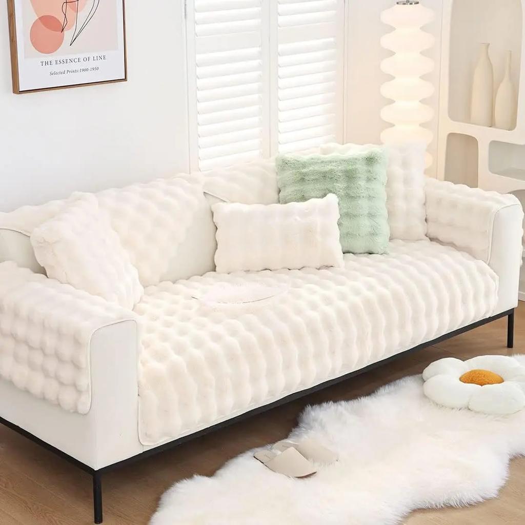 Soft Warm Faux Fur Couch Sofa Cover Thick Shaggy Fuzzy Sectional Couch Cover Non-Slip Solid Color Plush Sofa Slipcover Furniture