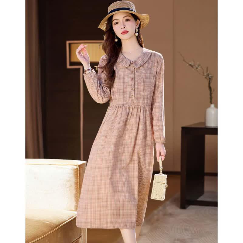 D.F.DEAR Women's 2026 Summer Plaid Peter Pan Collar Tie-Waist Long-Sleeve Dress