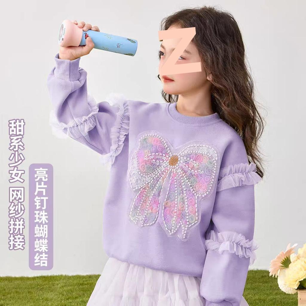 Girls Spring Autumn Long Sleeve Sweatshirt with Bow and Sequin Mesh Detail