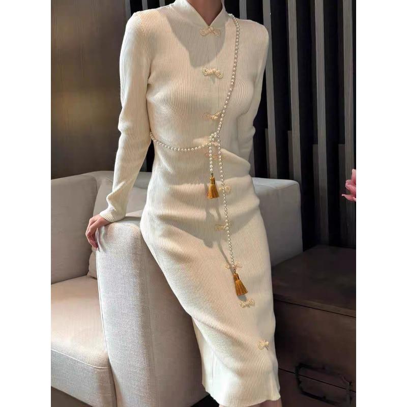 

Вязаное платье с пряжкой в ретро-стиле, женская осенняя одежда, новое дизайнерское платье, стройнящее и подчеркивающее фигуру S