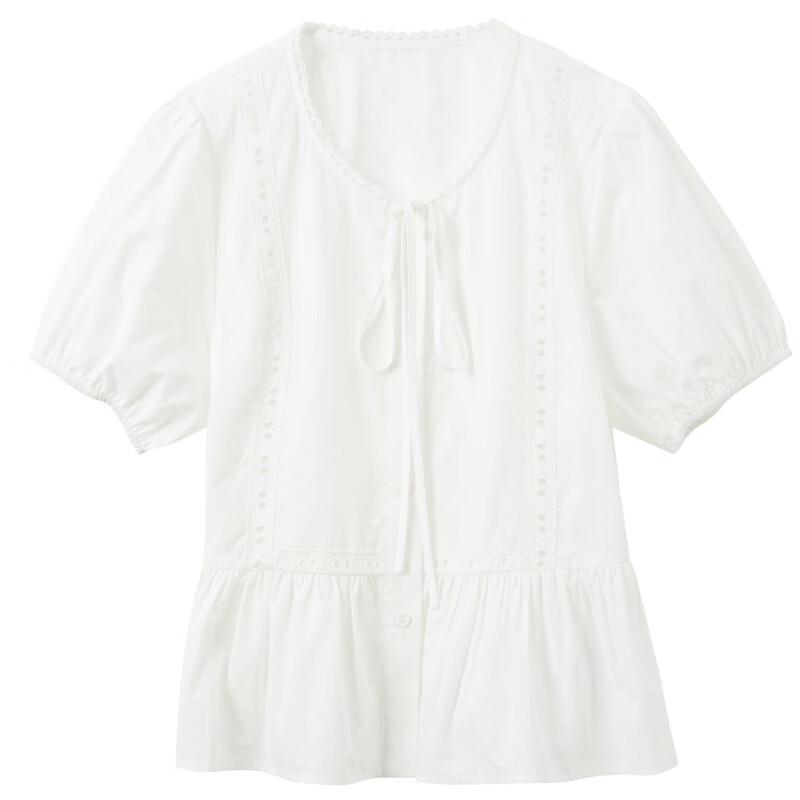 Sancai 2026 Summer 100% Cotton Round Neck Puff Sleeve Waist-Cinching White Shirt