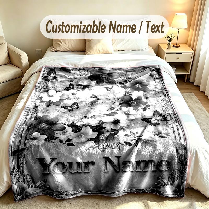Butterfly Theme Soft Blanket Personalized Custom Name Text Print Warm Blanket Home Sofa Bedroom Decor
