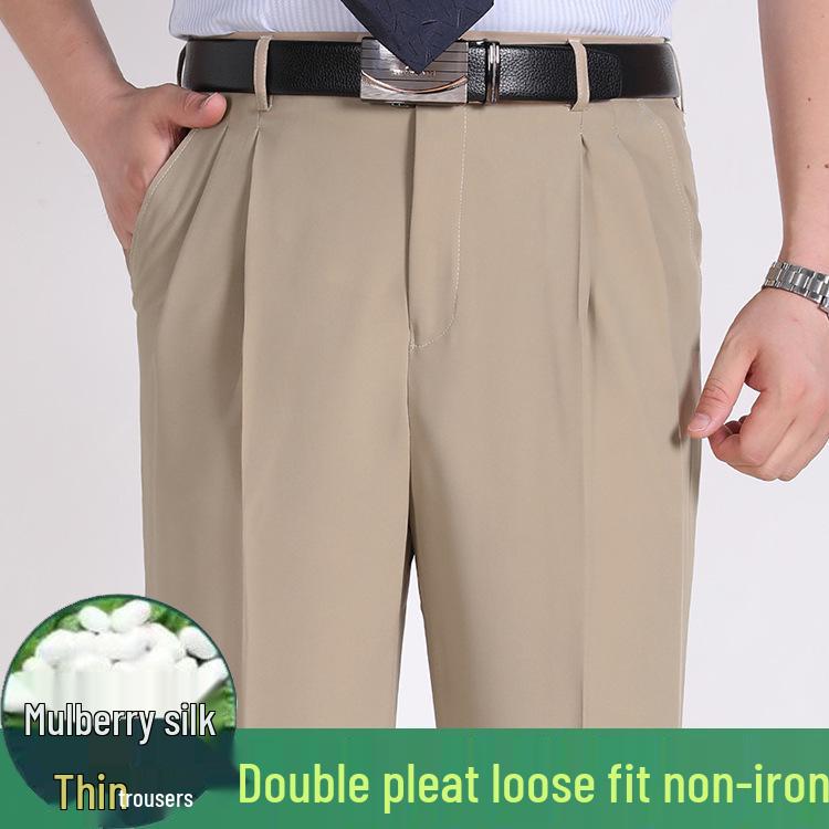 Men's Summer Mulberry Silk Dress Pants: Double Pleated, Loose Fit, Straight Leg, High Waist, Deep Crotch.