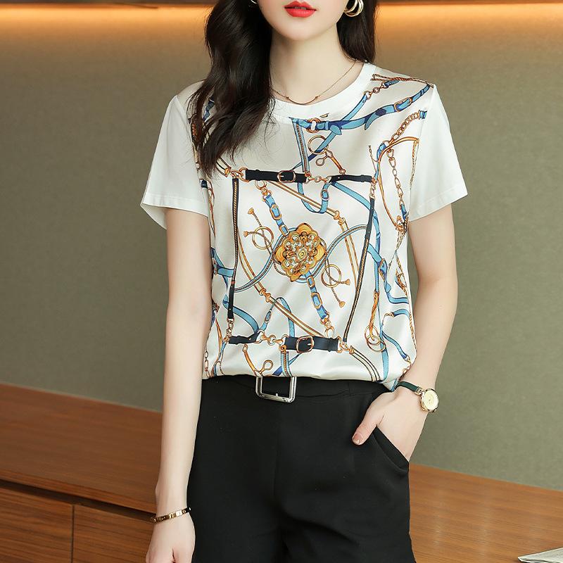 Women's White Silk-Cotton Splicing T-Shirt: 2025 Summer Loose-Fit Korean Style with Mulberry Silk and Short Sleeves, Printed Design.