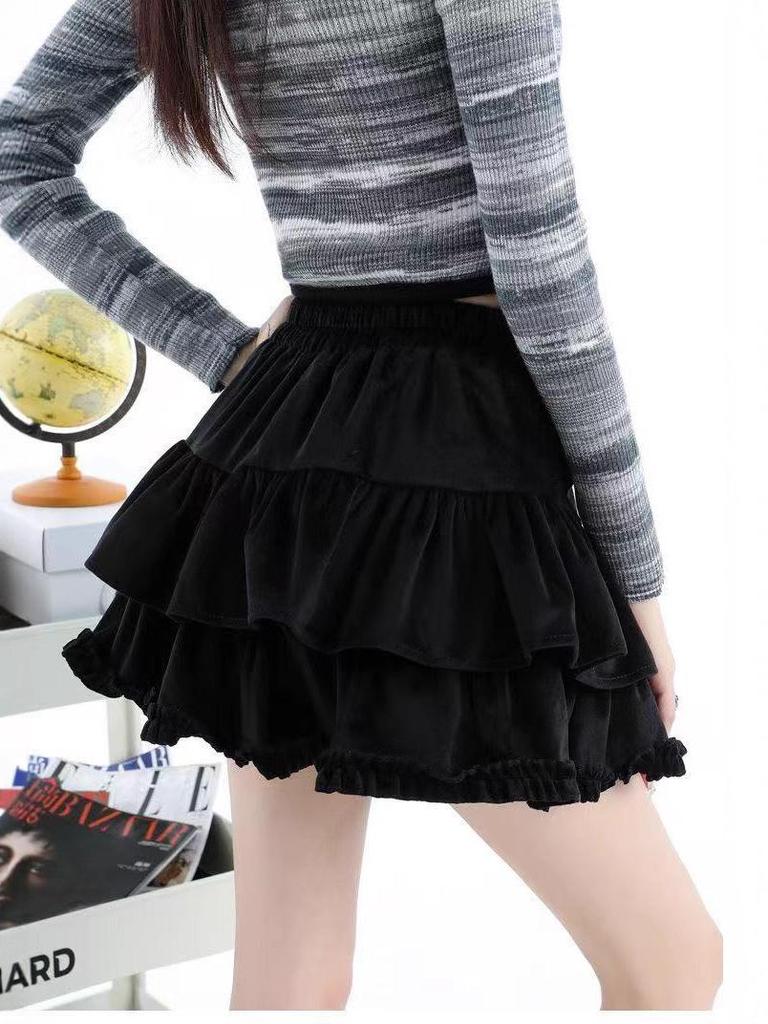 Women's High-Waist Slimming Lotus Leaf Edge A-Line Skirt - Petite Puffy, Anti-Exposure, for Autumn and Spring