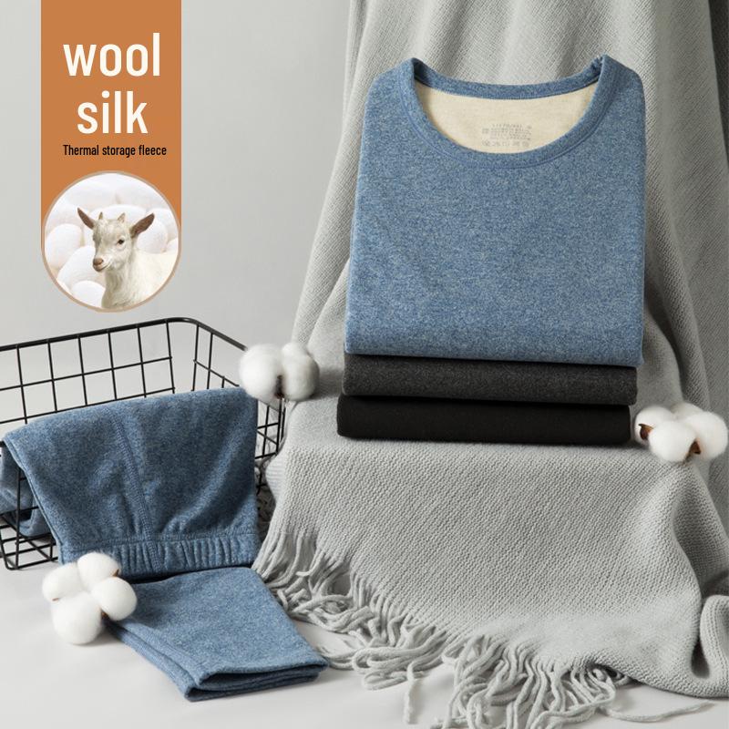 Men's and Women's Wool-Silk Fleece Lined Warm Double-Sided Brushed Underwear Set for Fall and Winter