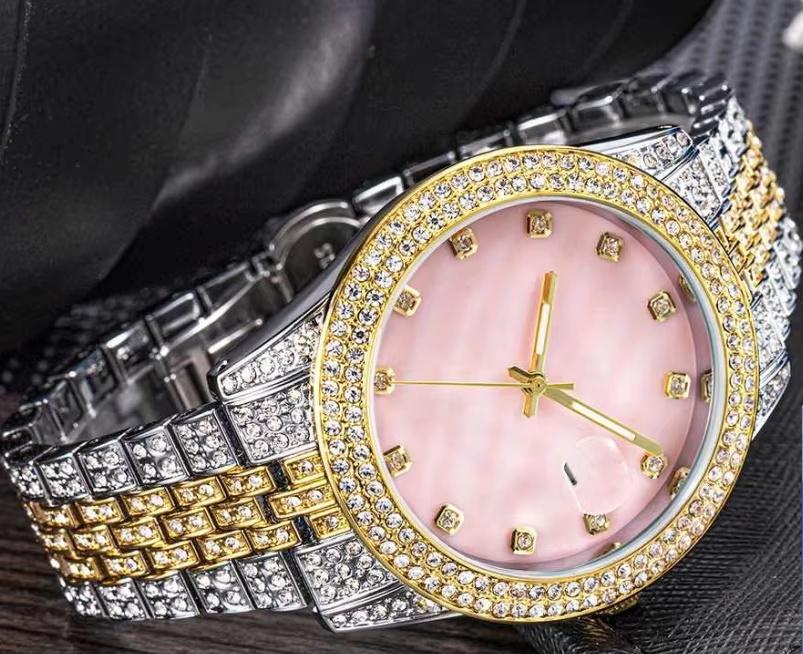 

THE BLING KING Mother of Pearl Pink Dial Full Iced Out Two Tone Quartz Clock Business Waterproof Watches For Men Women