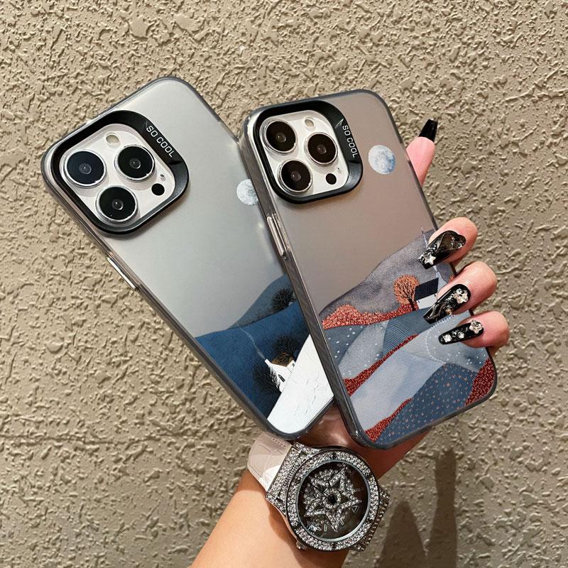 Mountain Landscape Cottage Minimalist Style Painting Phone Case For IPhone 16 15 Plus 16 15 14 13 12 11 Pro Max Mini Laser Cover