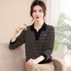 Striped Collared Long-Sleeve Top for Middle-Aged and Elderly Women – 50s & 60s Spring/Autumn Base Layer