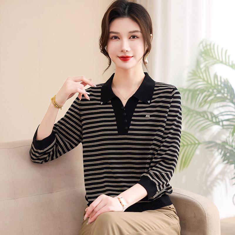 Striped Collared Long-Sleeve Top for Middle-Aged and Elderly Women – 50s & 60s Spring/Autumn Base Layer