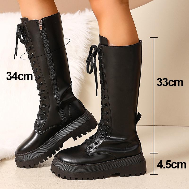 Comemore Women's Chunky Platform Knee High Boots Thick Sole Leather Motorcycle Boots Woman Autumn Winter Punk Long Botas