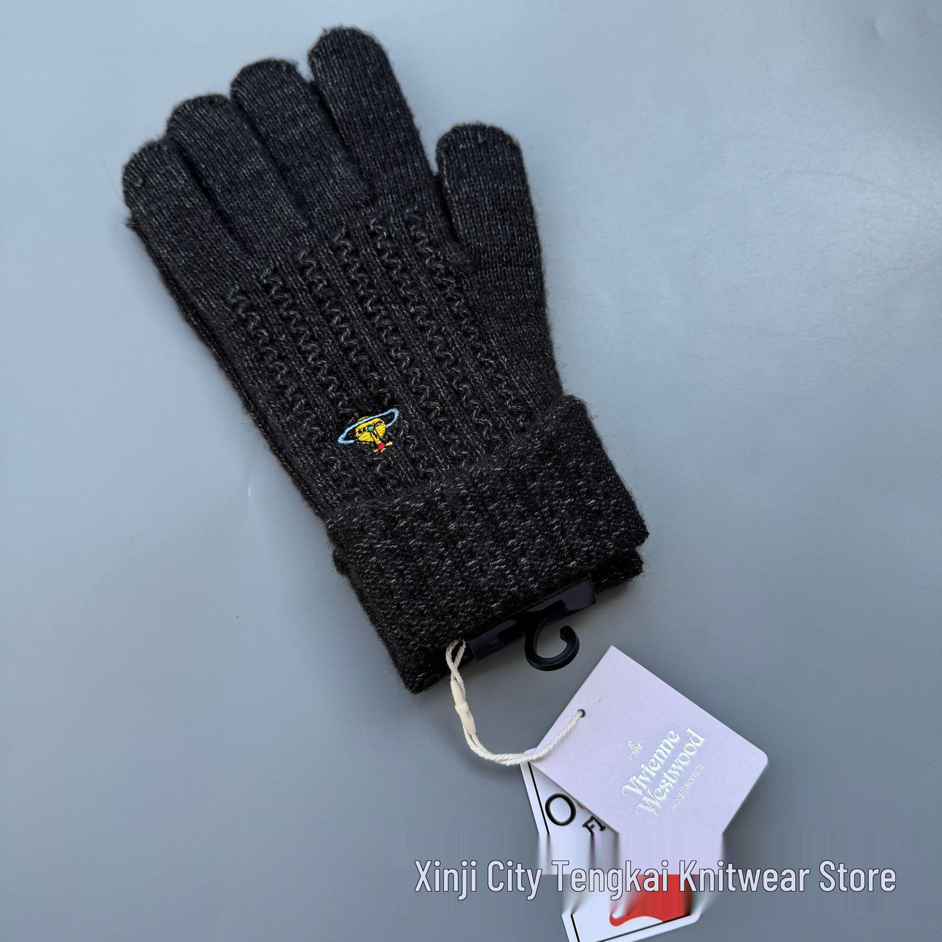 

Japan Empress Dowager Saturn Embroidered Wool Cable Knit Warm Gloves - Autumn Winter Five-Finger Design One Size чорний