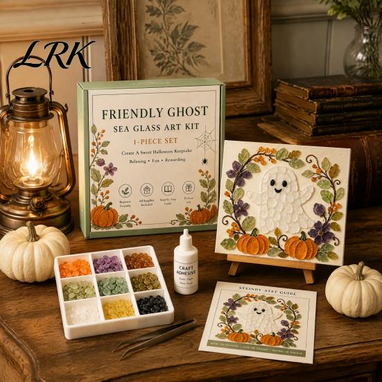 Easy Craft Kit for Beginners Halloween Sea Glass Art DIY Kit, Ghost Black Cat Owl Raven Pumpkin Creative Journey Gift Set Mosaic Set, Beginner