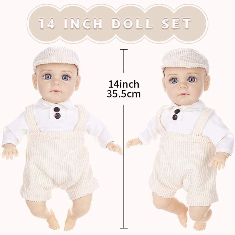 Realistic Vinyls Baby Boy Doll 14inch with Hat and Overalls for Kids Play Realistic Baby New Borns Asleep Toy Soft