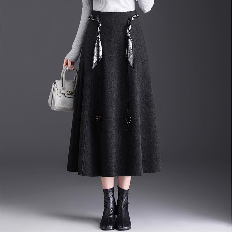Winter 2025 High-Waisted A-Line Wool Skirt with Thick Hem - Mid-Length Slimming Casual Design