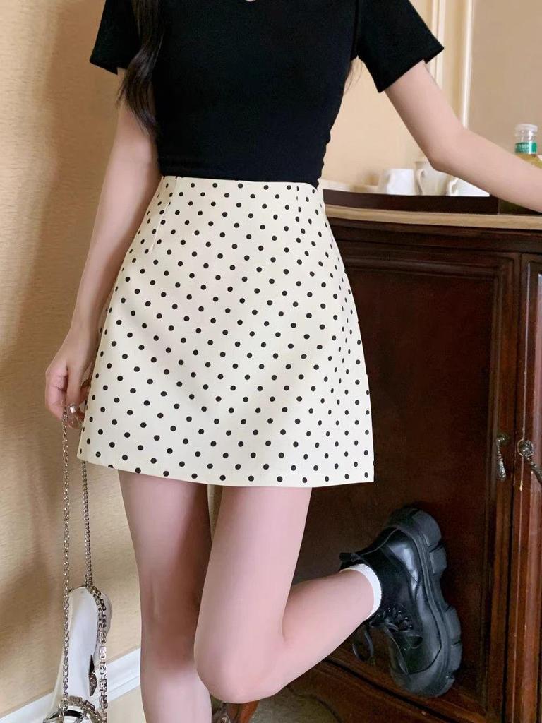 Jian Man Ni Women's High-Waisted Polka Dot A-Line Skirt - Casual and Versatile Hip-Hugging Summer Skirt