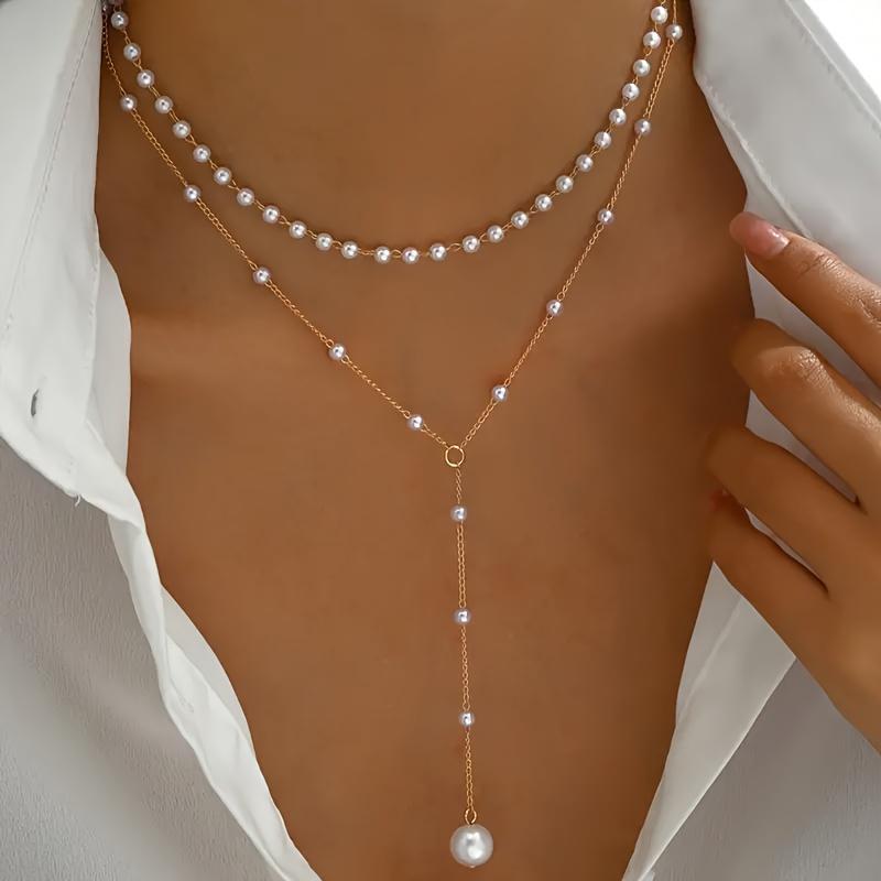 Elegantní vrstvený náhrdelník ve tvaru Y s umělými perleťovými akcenty, sexy přívěsek se střapcem, železný řetízek, bez pokovování – univerzální pro každodenní nošení a večírky