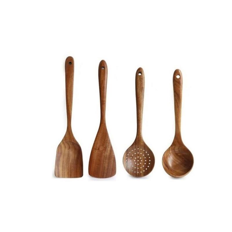 Teak 9-Piece Kitchen Set: Solid Wood Spatula, Spoon, Fork, Non-stick Pan, Acacia Wood Utensils, Long Handle Pot & Vegetable Spatula