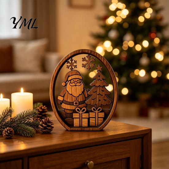 Christmas Wooden Ornaments 3Pcs Santa Claus And Tree Ornaments, Oval Table Natural Wood Crafts Centerpiece, Solid Desktop Ornament for Home