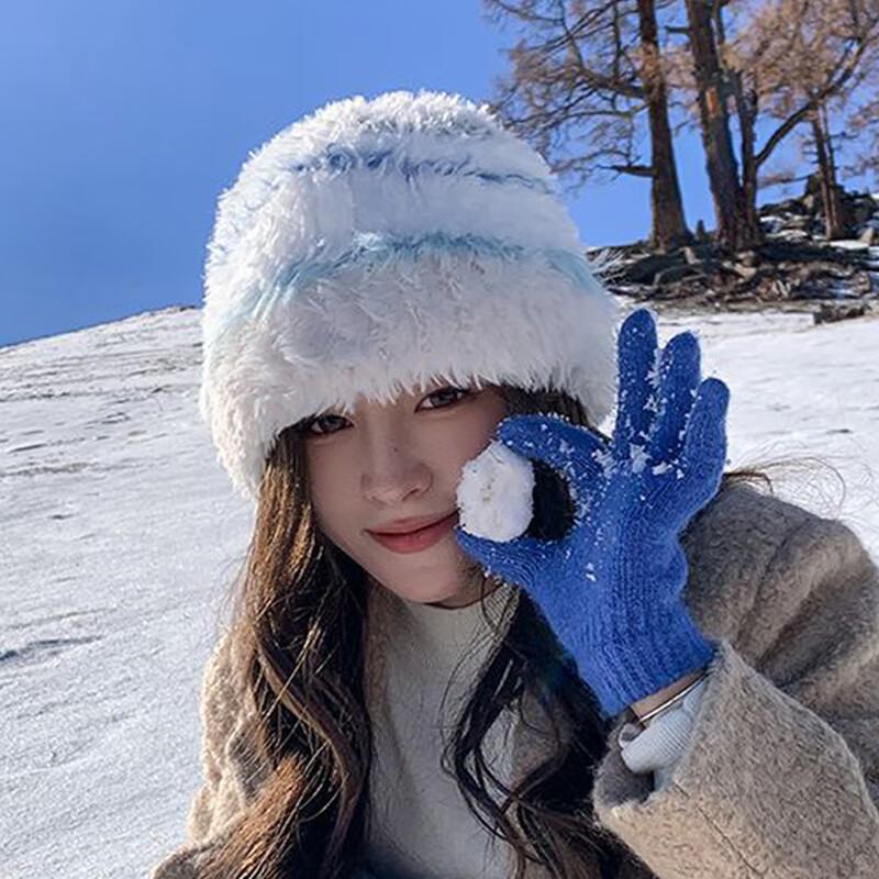 Plush cute warm ear protection big head circumference shows small face knitted wool hat woman