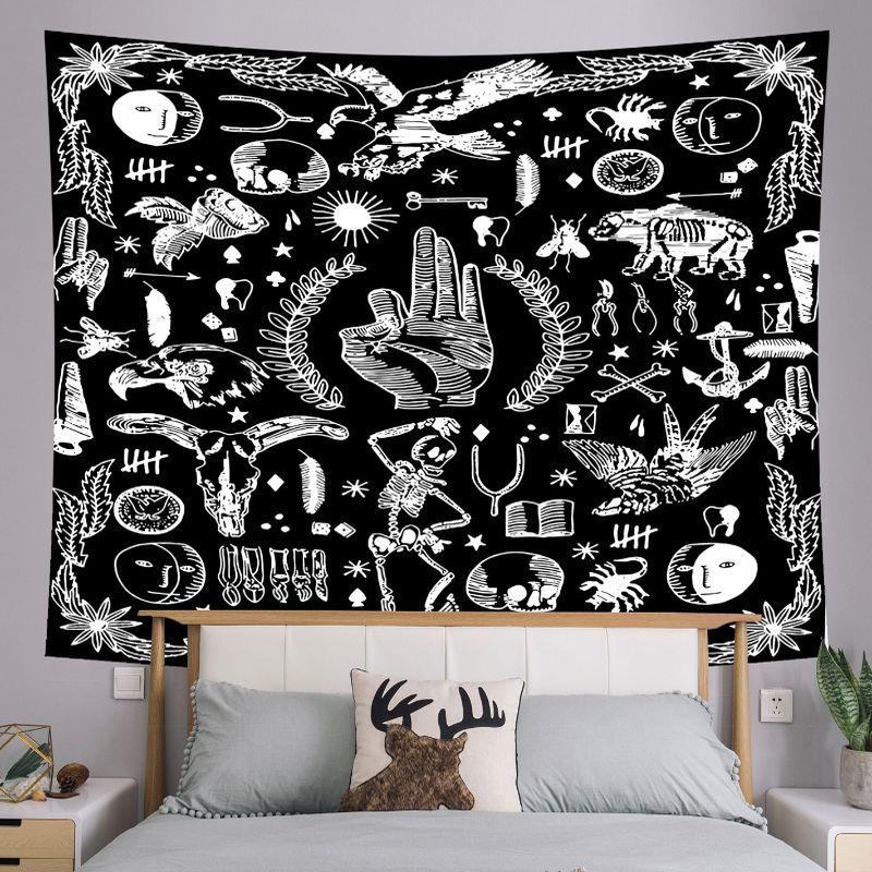 Black White Starry Mountain Moon Wall Tapestry Night Sky Pine Tree Forest Landscape Line Art Minimalist Nature Decor Soft