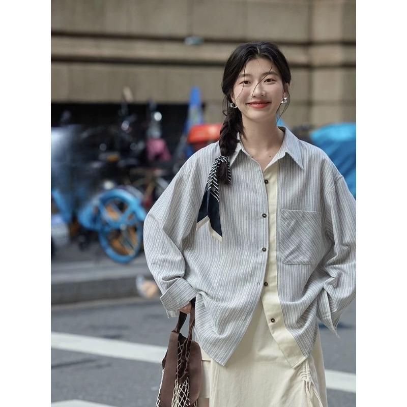 Striped Women's Long Sleeved Shirt Fashionable Contrasting Single Pocket Blouses Korean Commuting Style Lady Clothing