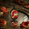 Whimsical Garden Party Accessories Oval Floral Pendant Necklace, Vintage Glass Dome Rose Retro Black Metal Jewelry Adjustable Cord for Women