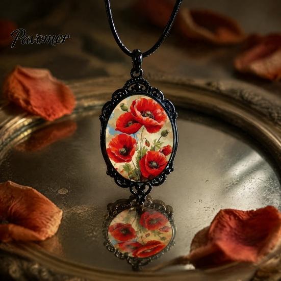 Whimsical Garden Party Accessories Oval Floral Pendant Necklace, Vintage Glass Dome Rose Retro Black Metal Jewelry Adjustable Cord for Women