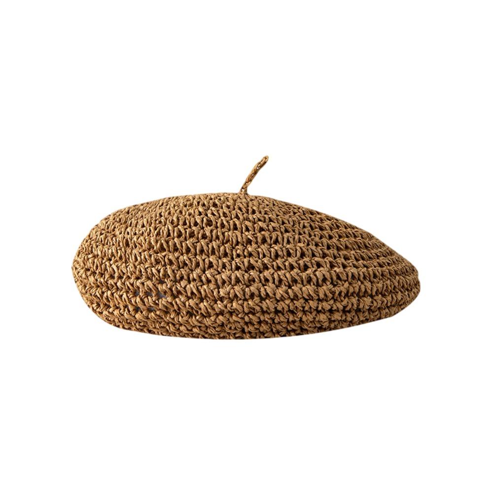 Boho Handmade Summer Straw Beret Thin Breathable French Crochet Beret Flat Design Hollow Beach Weave Beret Holiday Wear хаки