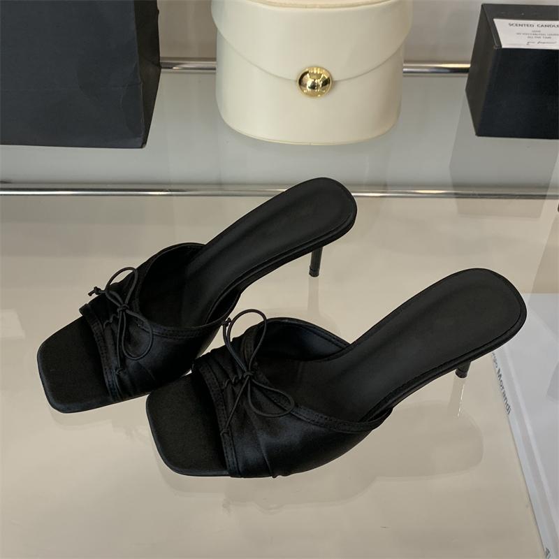 

Eilyken New Flower Butterfly-kont Square Toe Women Slippers Summer Thin High Heels Banquet Slide Shoes 35 чёрный