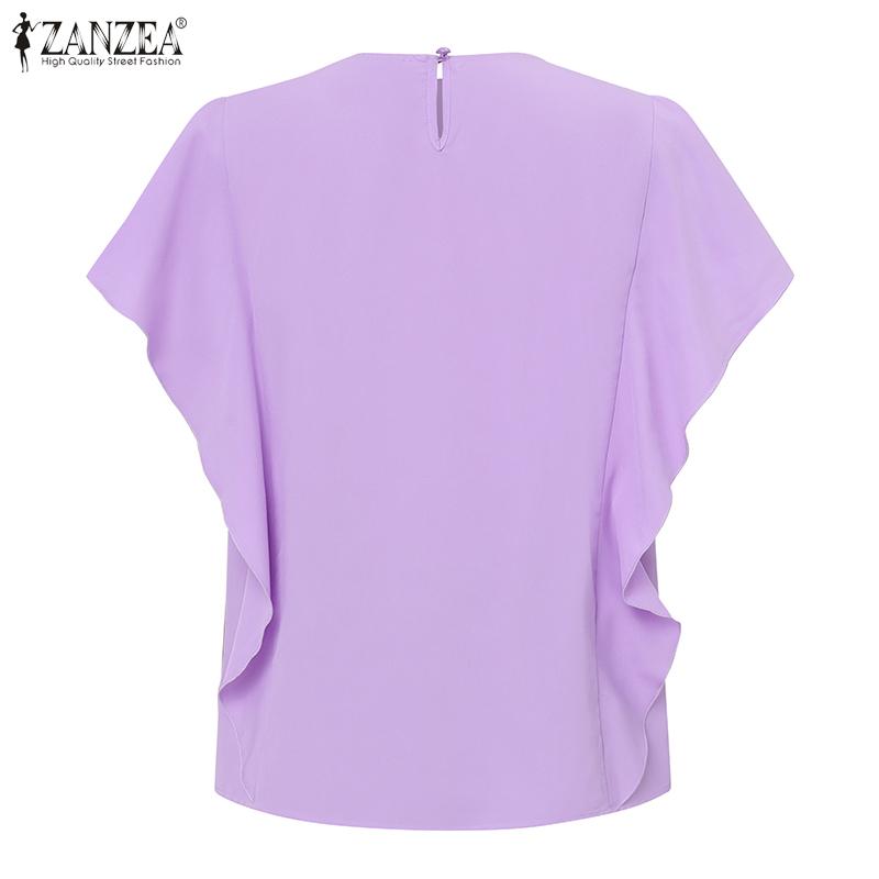 ZANZEA Women Casual Round Neck Loose Ruffles Short Sleeve Plain Blouse