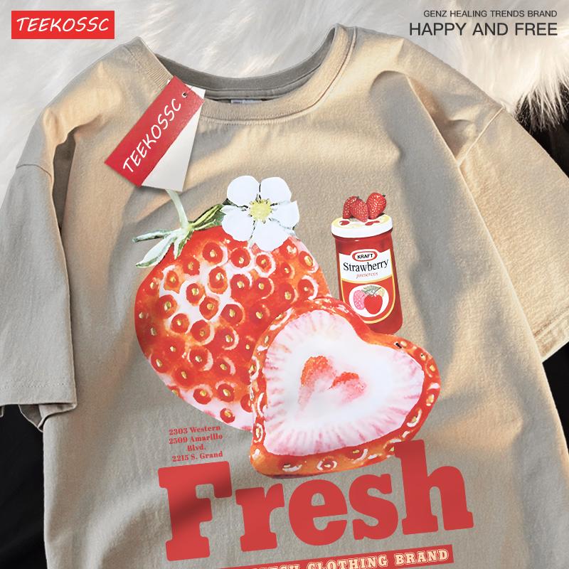 Svěží jahodové americké retro kreativní potištěné tričko s krátkým rukávem pánské dámské trendy značkové volné všestranné tričko s polovičním rukávem